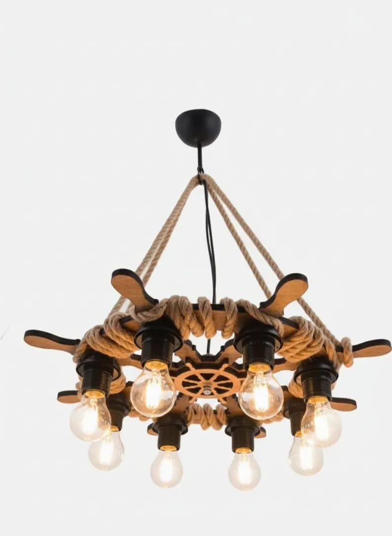 8-Light Ship Wheel Chandelier | Rustic Rope & Wood Ceiling Lamp | Nautical E27 Pendant Light for Cafe Bar Decor