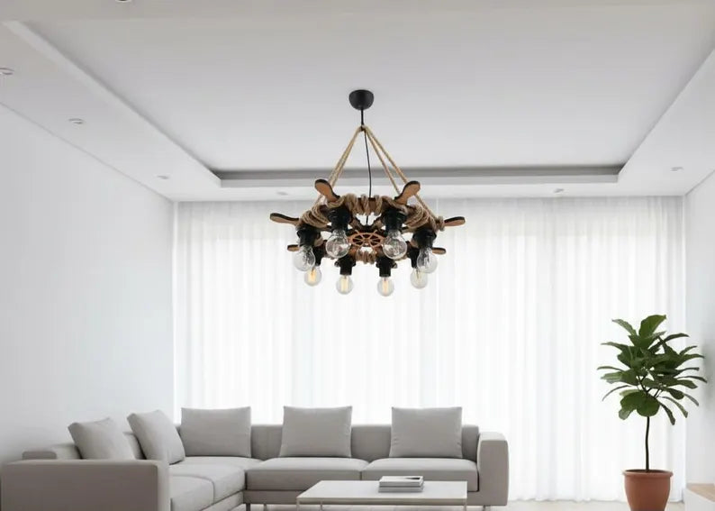 8-Light Ship Wheel Chandelier | Rustic Rope & Wood Ceiling Lamp | Nautical E27 Pendant Light for Cafe Bar Decor