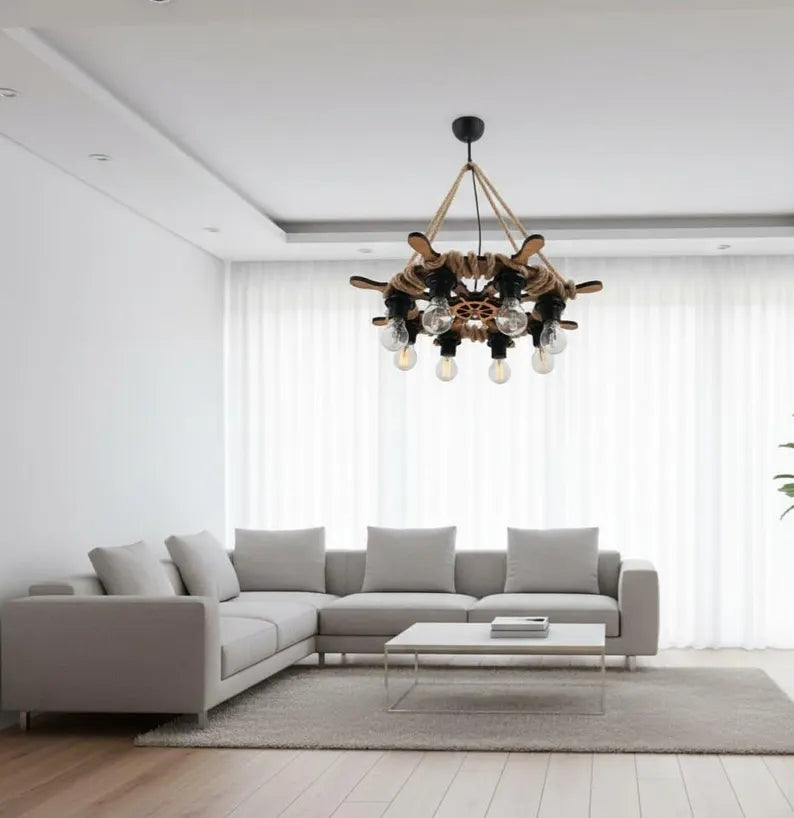 8-Light Ship Wheel Chandelier | Rustic Rope & Wood Ceiling Lamp | Nautical E27 Pendant Light for Cafe Bar Decor