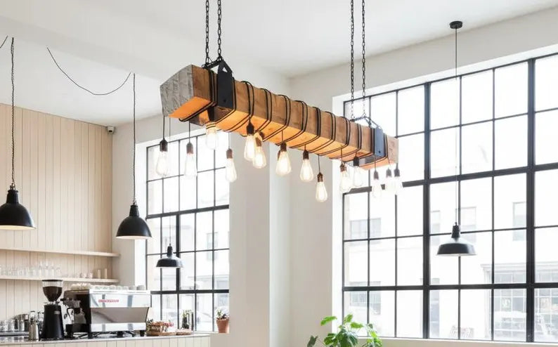The homeartparis - Large 160cm Wood Beam Chandelier, 15-Light Industrial Statement Fixture, Rustic Restaurant Cafe Bar Lighting