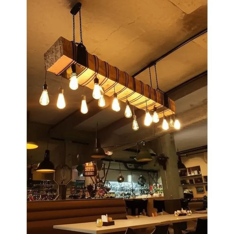 The homeartparis - Large 160cm Wood Beam Chandelier, 15-Light Industrial Statement Fixture, Rustic Restaurant Cafe Bar Lighting
