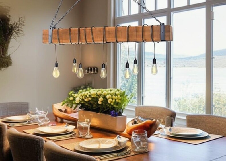 homeartparis - Wood Beam Chandelier with Wire Wrap, 8-Light Rustic Industrial Light, Kitchen Island Pendant Bar, Custom Wood Color