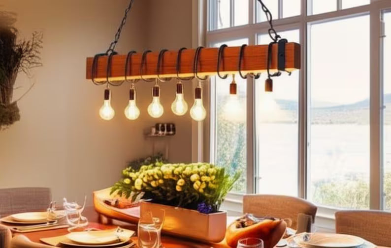 homeartparis - Wood Beam Chandelier with Wire Wrap, 8-Light Rustic Industrial Light, Kitchen Island Pendant Bar, Custom Wood Color