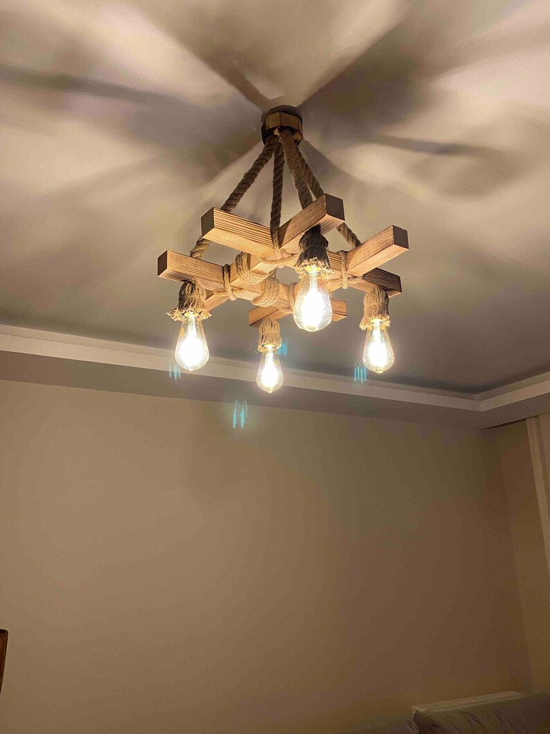 The homeartparis Wood Beam Rope Chandelier, Rustic Farmhouse Lighting, 4-Light Fixture, Dining Table & Kitchen Island Light (Kopya)