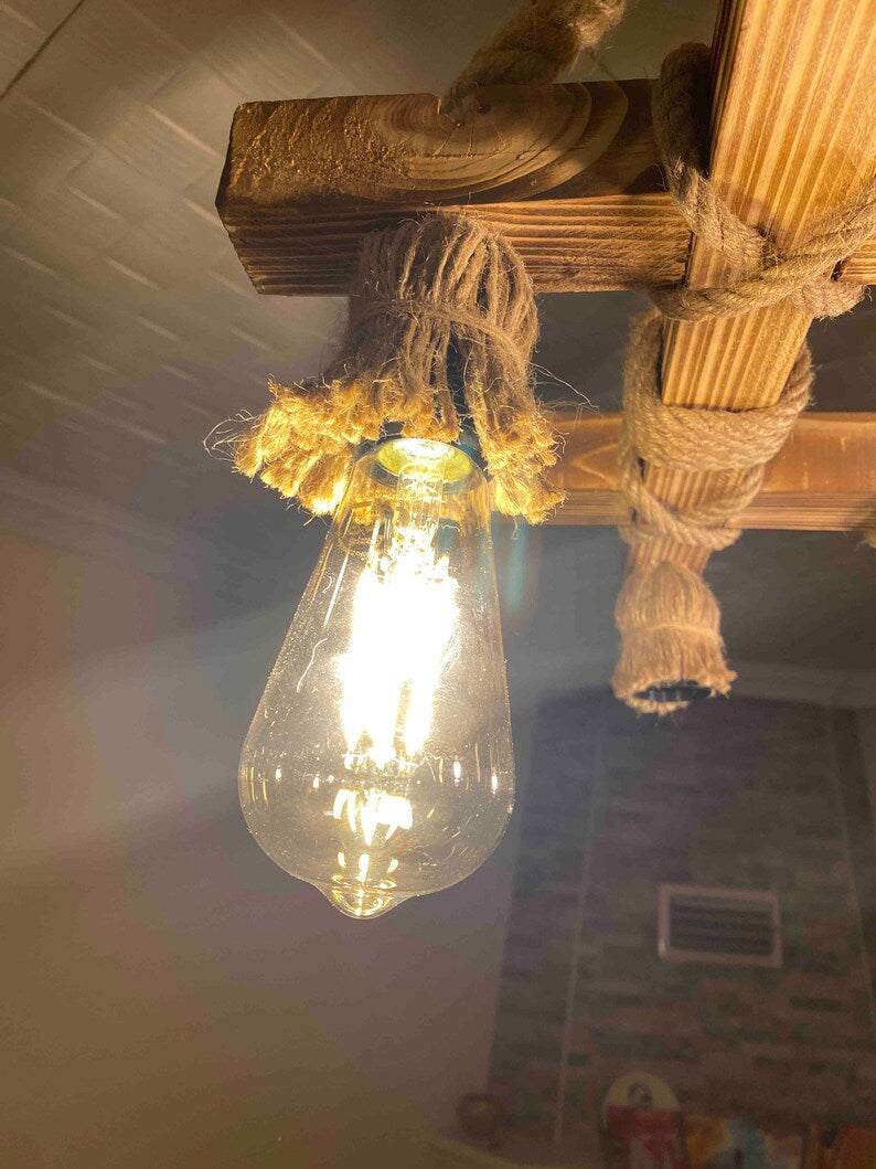 The homeartparis Wood Beam Rope Chandelier, Rustic Farmhouse Lighting, 4-Light Fixture, Dining Table & Kitchen Island Light (Kopya)