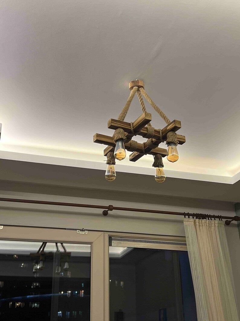 The homeartparis Wood Beam Rope Chandelier, Rustic Farmhouse Lighting, 4-Light Fixture, Dining Table & Kitchen Island Light (Kopya)