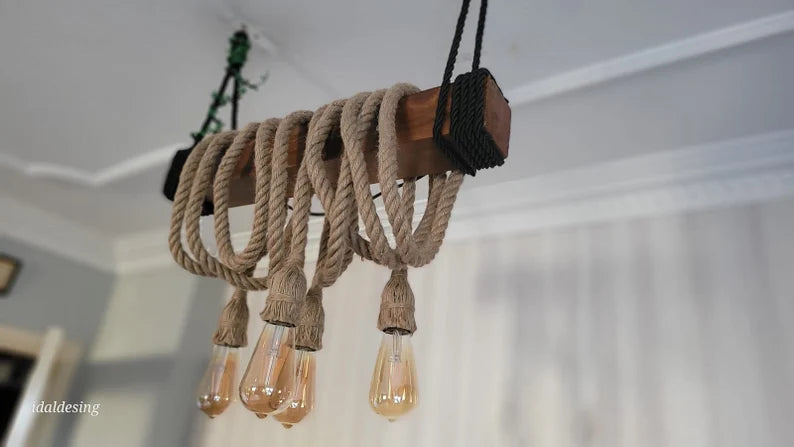 THE Wood Chandelier, Industrial Beam Light, 4-Rope Arm Fixture, Farmhouse Kitchen & Bar Lighting (Kopya)