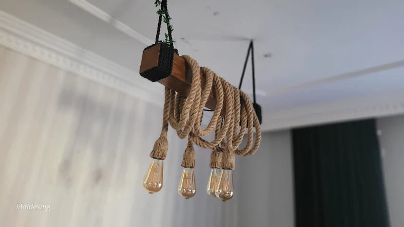 THE Wood Chandelier, Industrial Beam Light, 4-Rope Arm Fixture, Farmhouse Kitchen & Bar Lighting (Kopya)