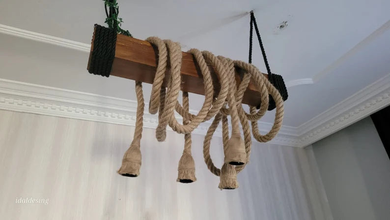 THE Wood Chandelier, Industrial Beam Light, 4-Rope Arm Fixture, Farmhouse Kitchen & Bar Lighting (Kopya)