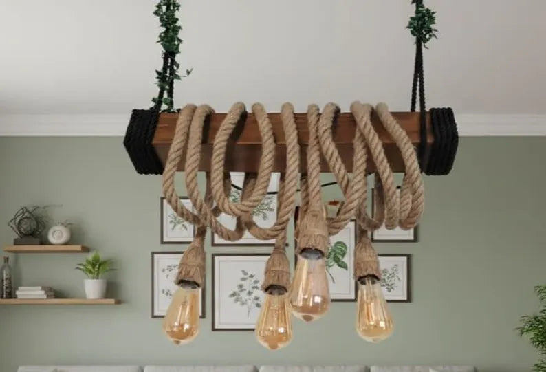 THE Wood Chandelier, Industrial Beam Light, 4-Rope Arm Fixture, Farmhouse Kitchen & Bar Lighting (Kopya)
