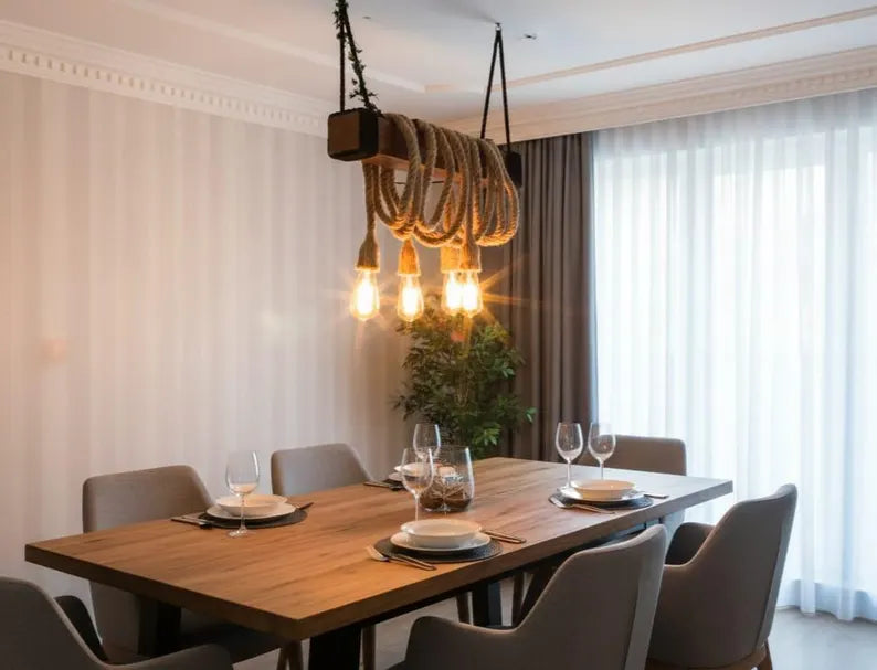 THE Wood Chandelier, Industrial Beam Light, 4-Rope Arm Fixture, Farmhouse Kitchen & Bar Lighting (Kopya)