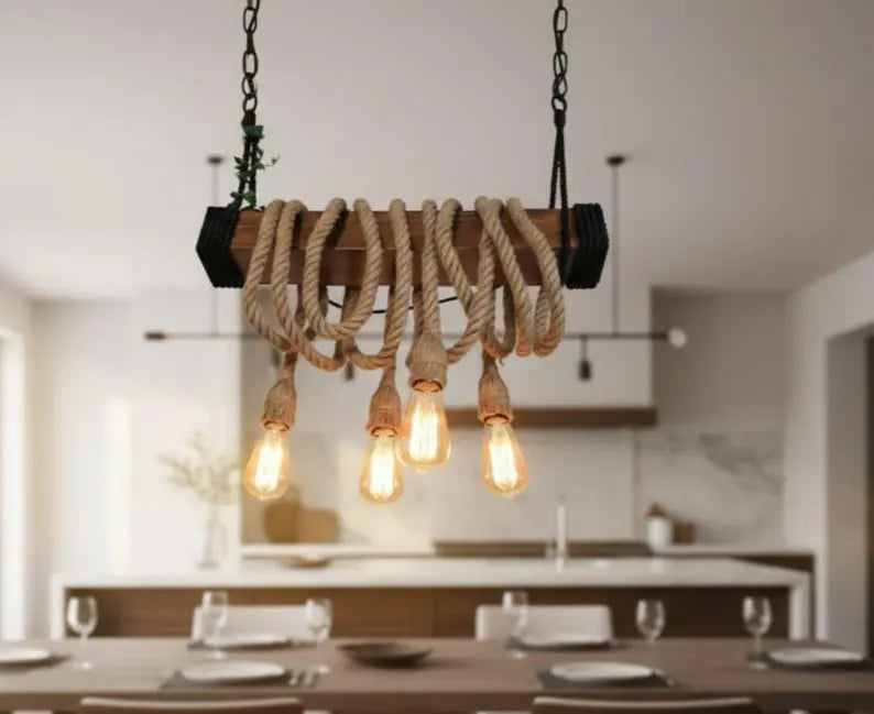 THE Wood Chandelier, Industrial Beam Light, 4-Rope Arm Fixture, Farmhouse Kitchen & Bar Lighting (Kopya)