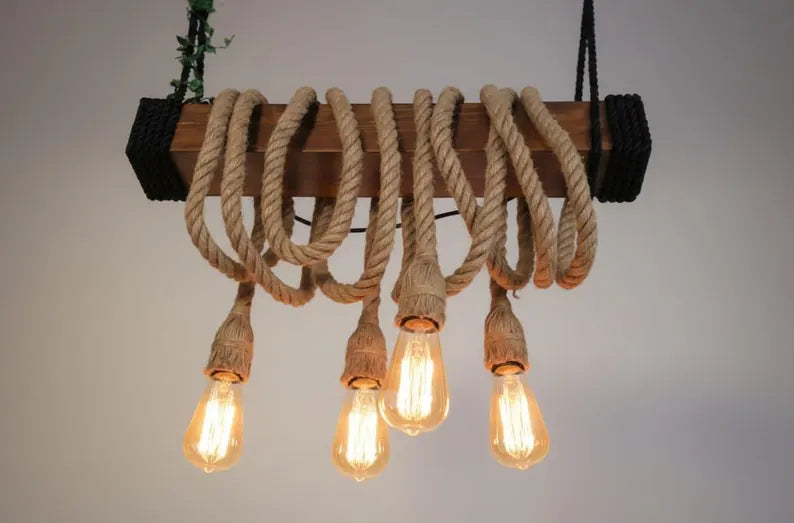THE Wood Chandelier, Industrial Beam Light, 4-Rope Arm Fixture, Farmhouse Kitchen & Bar Lighting (Kopya)