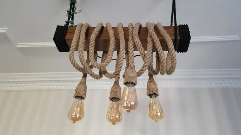 THE Wood Chandelier, Industrial Beam Light, 4-Rope Arm Fixture, Farmhouse Kitchen & Bar Lighting (Kopya)