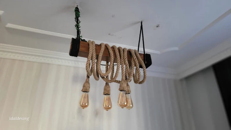 THE Wood Chandelier, Industrial Beam Light, 4-Rope Arm Fixture, Farmhouse Kitchen & Bar Lighting (Kopya)