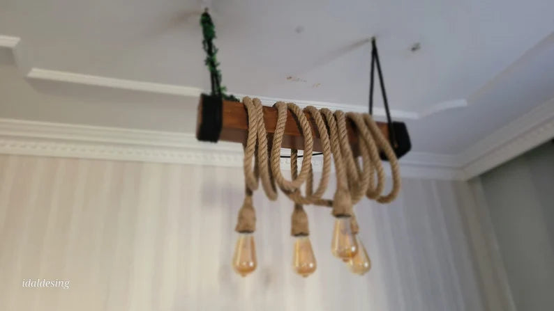 THE Wood Chandelier, Industrial Beam Light, 4-Rope Arm Fixture, Farmhouse Kitchen & Bar Lighting (Kopya)
