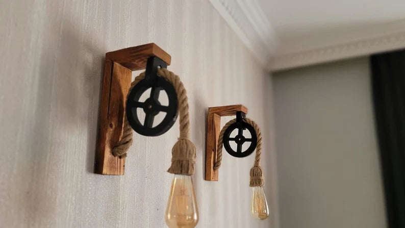 Home Art Paris - Wood L-Bracket Wall Sconce, Rustic Pulley Lamp, Farmhouse Hallway Light, Industrial Wall Fixture