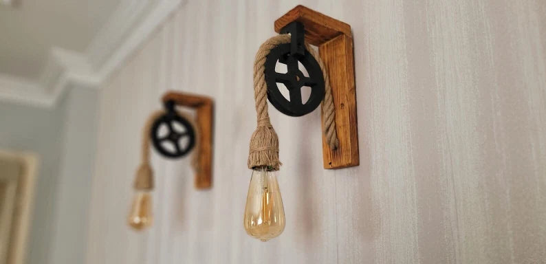 Home Art Paris - Wood L-Bracket Wall Sconce, Rustic Pulley Lamp, Farmhouse Hallway Light, Industrial Wall Fixture