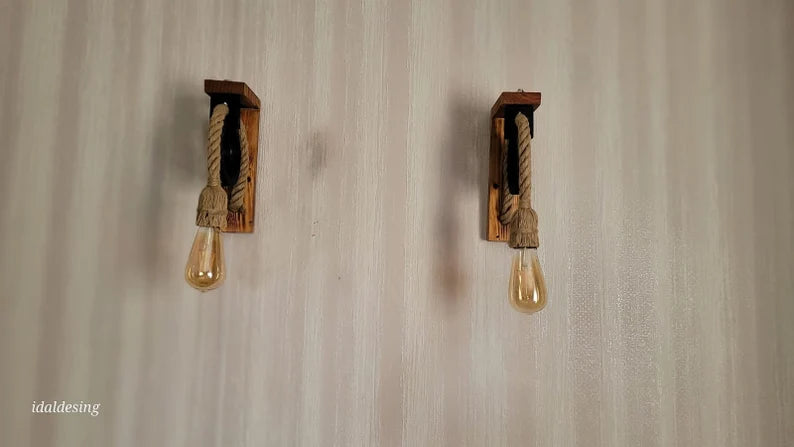 Home Art Paris - Wood L-Bracket Wall Sconce, Rustic Pulley Lamp, Farmhouse Hallway Light, Industrial Wall Fixture