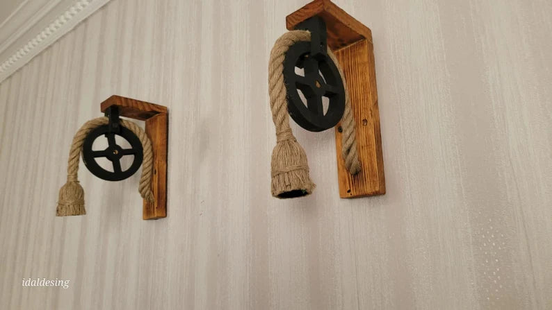 Home Art Paris - Wood L-Bracket Wall Sconce, Rustic Pulley Lamp, Farmhouse Hallway Light, Industrial Wall Fixture