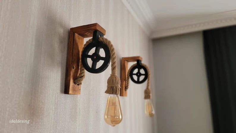 Home Art Paris - Wood L-Bracket Wall Sconce, Rustic Pulley Lamp, Farmhouse Hallway Light, Industrial Wall Fixture