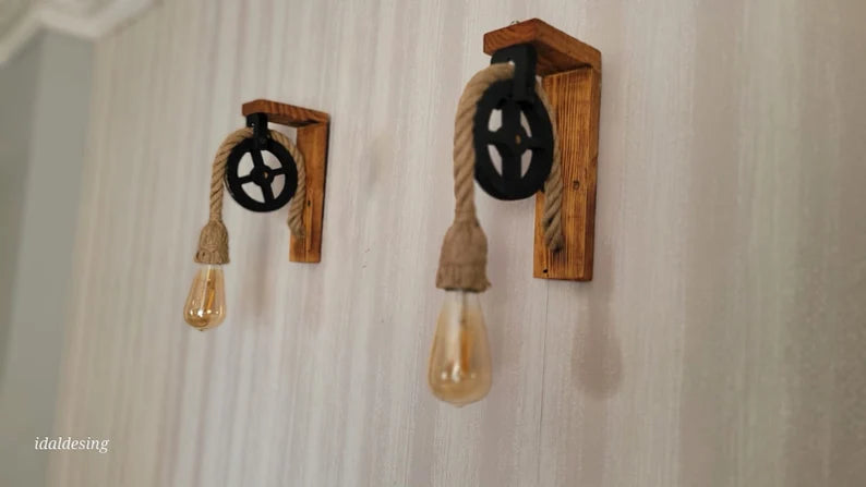 Home Art Paris - Wood L-Bracket Wall Sconce, Rustic Pulley Lamp, Farmhouse Hallway Light, Industrial Wall Fixture