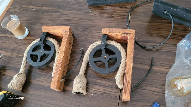 Home Art Paris - Wood L-Bracket Wall Sconce, Rustic Pulley Lamp, Farmhouse Hallway Light, Industrial Wall Fixture