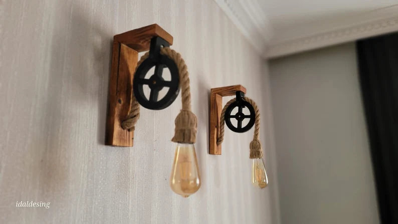 Home Art Paris - Wood L-Bracket Wall Sconce, Rustic Pulley Lamp, Farmhouse Hallway Light, Industrial Wall Fixture