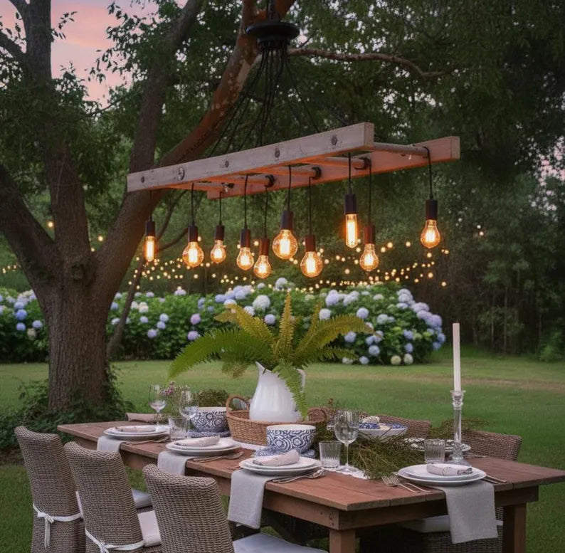 The homeartparis Wood Ladder Chandelier, Covered Patio Lighting, Rustic Garden Fixture, Farmhouse Bar Cafe Light