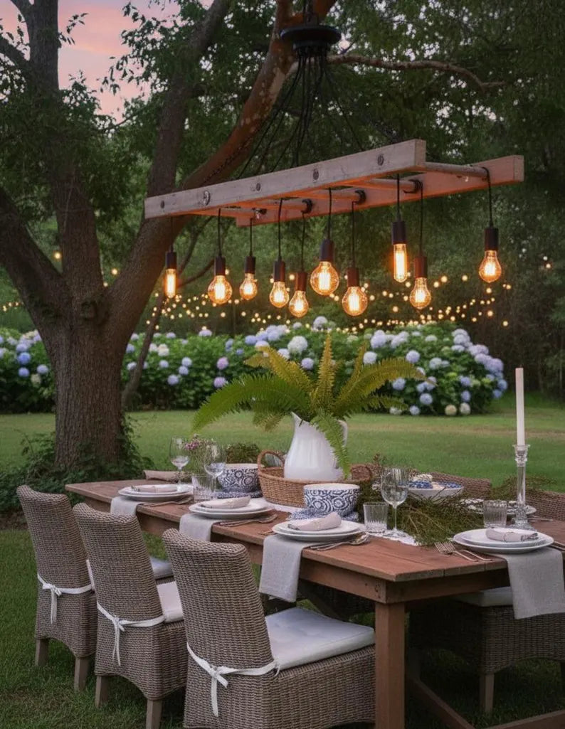 The homeartparis Wood Ladder Chandelier, Covered Patio Lighting, Rustic Garden Fixture, Farmhouse Bar Cafe Light