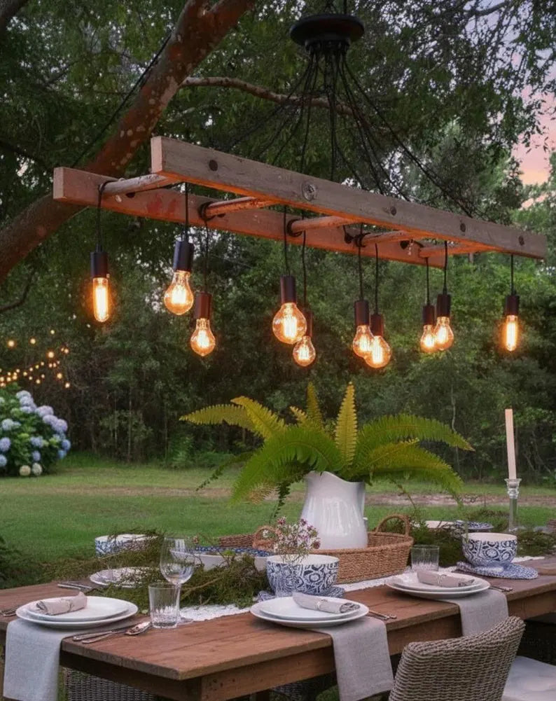 Wood Ladder Chandelier, 10-Light Rustic Farmhouse Pendant Light, Reclaimed Style Beam Lighting for Kitchen Bar Cafe