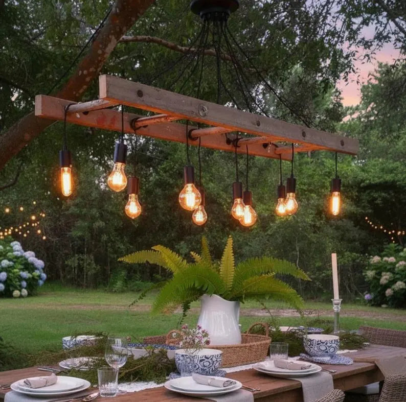 homeartparis - Wood Ladder Chandelier, 10-Light Rustic Farmhouse Pendant Light, Reclaimed Style Beam Lighting for Kitchen Bar Cafe