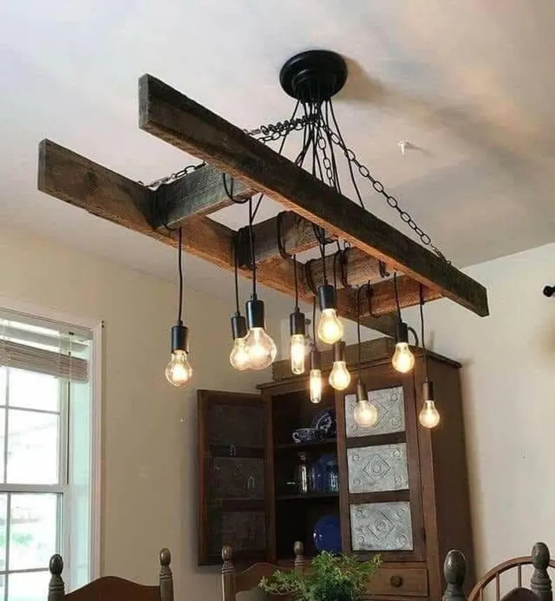 homeartparis - Wood Ladder Chandelier, 10-Light Rustic Farmhouse Pendant Light, Reclaimed Style Beam Lighting for Kitchen Bar Cafe