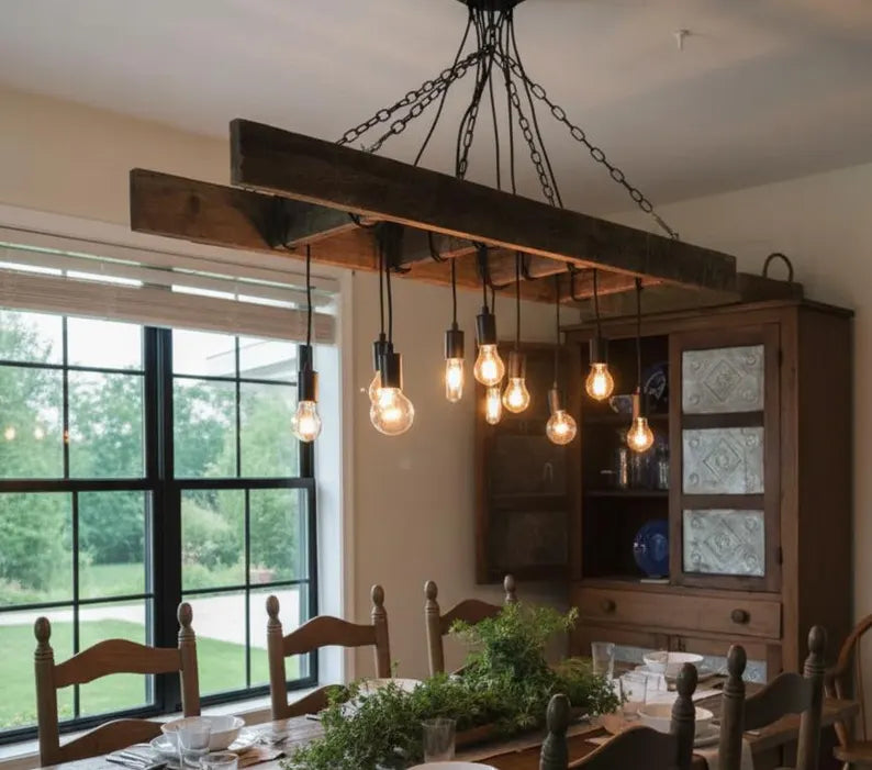 homeartparis - Wood Ladder Chandelier, 10-Light Rustic Farmhouse Pendant Light, Reclaimed Style Beam Lighting for Kitchen Bar Cafe