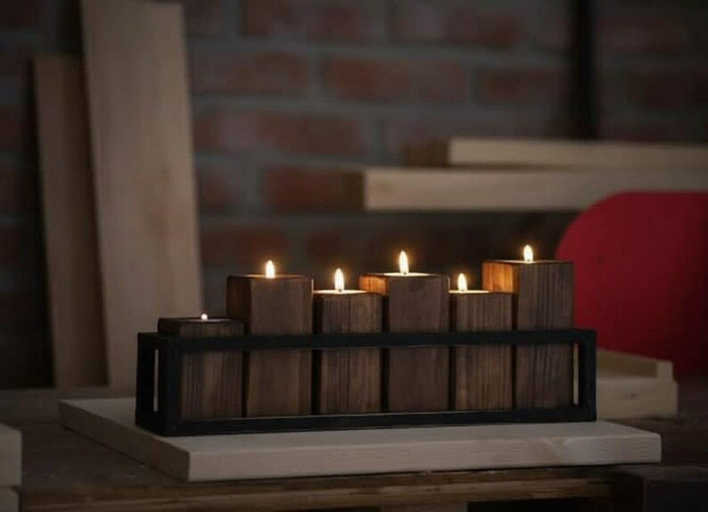 homeartparisSet of 6 Wooden Tealight Candle Holders, Modern Rustic Decor with Metal Stand, Handmade Long Candlestick (45 cm)