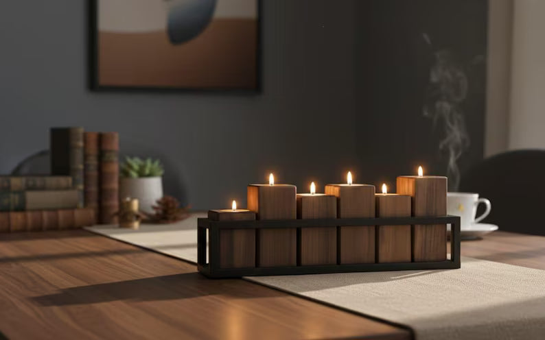 homeartparisSet of 6 Wooden Tealight Candle Holders, Modern Rustic Decor with Metal Stand, Handmade Long Candlestick (45 cm)