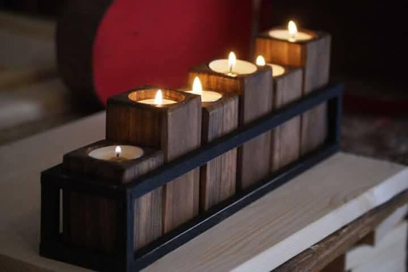homeartparisSet of 6 Wooden Tealight Candle Holders, Modern Rustic Decor with Metal Stand, Handmade Long Candlestick (45 cm)