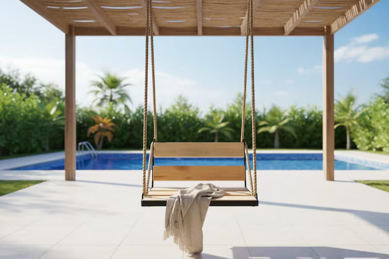 Modern Wooden Swing Industrial Metal Frame Indoor Outdoor Hanging Seat Homeartparis production