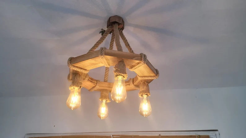 The Geometric Wood Chandelier, Bohemian Rope Lamp, 4-Light Rustic Pendant, Living & Dining Room Lighting