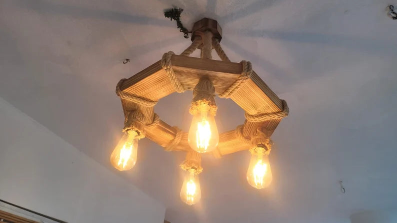 The Geometric Wood Chandelier, Bohemian Rope Lamp, 4-Light Rustic Pendant, Living & Dining Room Lighting