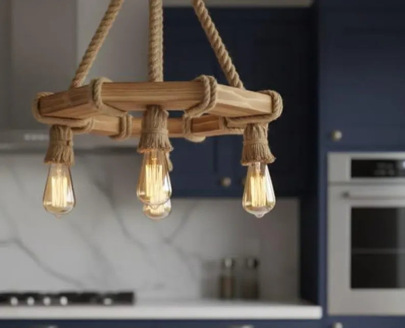 The Geometric Wood Chandelier, Bohemian Rope Lamp, 4-Light Rustic Pendant, Living & Dining Room Lighting