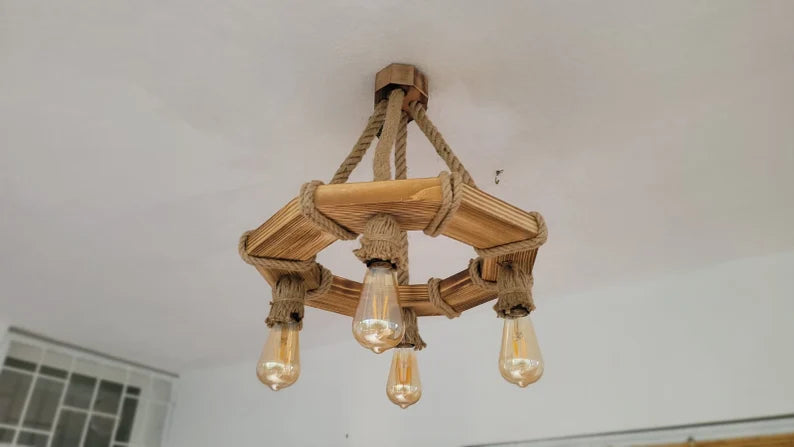 The Geometric Wood Chandelier, Bohemian Rope Lamp, 4-Light Rustic Pendant, Living & Dining Room Lighting