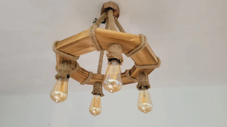 The Geometric Wood Chandelier, Bohemian Rope Lamp, 4-Light Rustic Pendant, Living & Dining Room Lighting