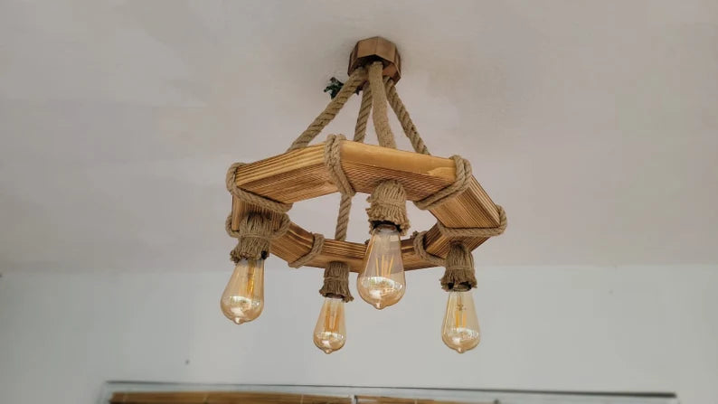 The Geometric Wood Chandelier, Bohemian Rope Lamp, 4-Light Rustic Pendant, Living & Dining Room Lighting