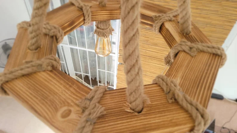 The Geometric Wood Chandelier, Bohemian Rope Lamp, 4-Light Rustic Pendant, Living & Dining Room Lighting