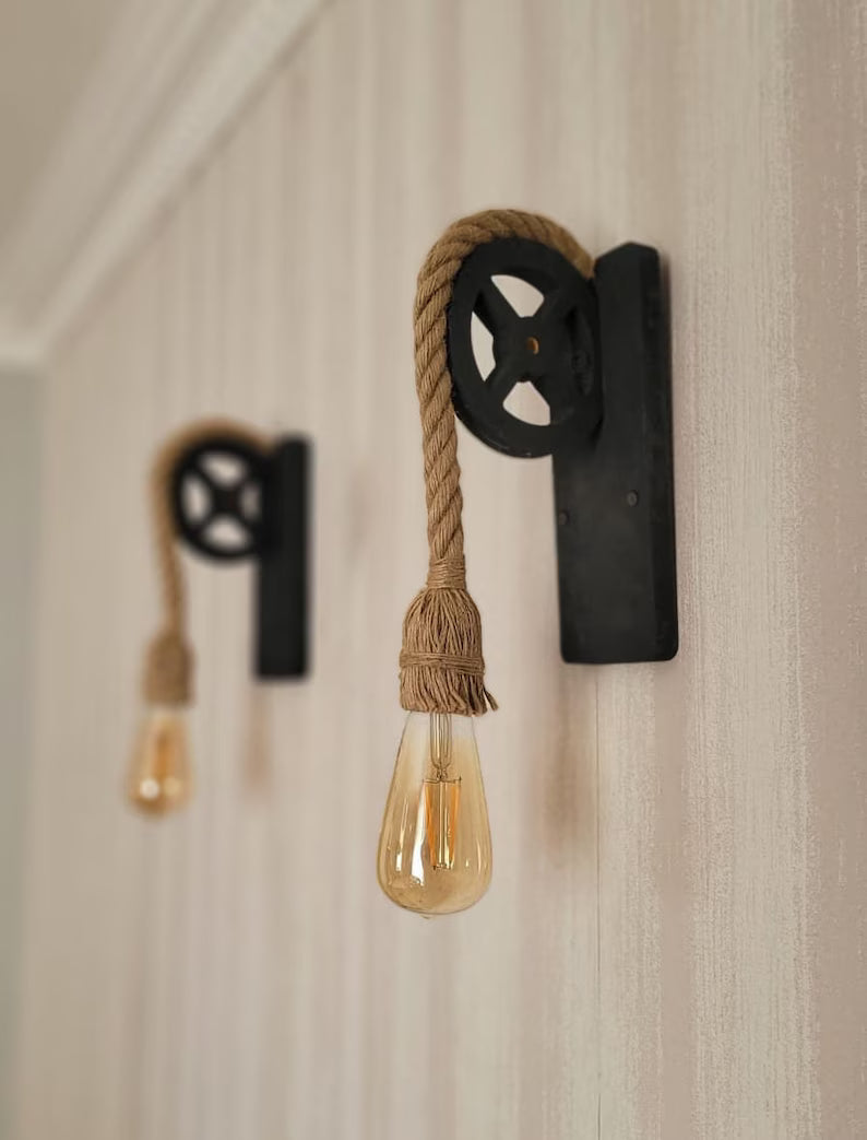 Home Art Paris - Rustic Pulley Wall Sconce, Wood and Rope Wall Lamp, Industrial Hallway & Daybedroom Lighting
