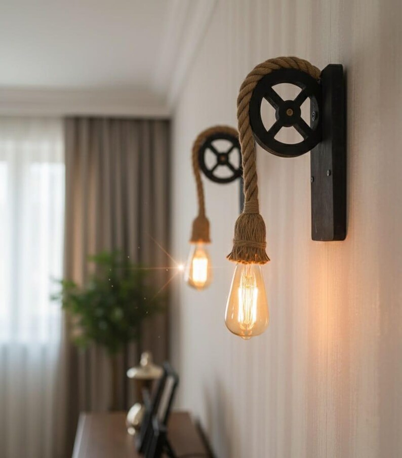 Home Art Paris - Rustic Pulley Wall Sconce, Wood and Rope Wall Lamp, Industrial Hallway & Daybedroom Lighting