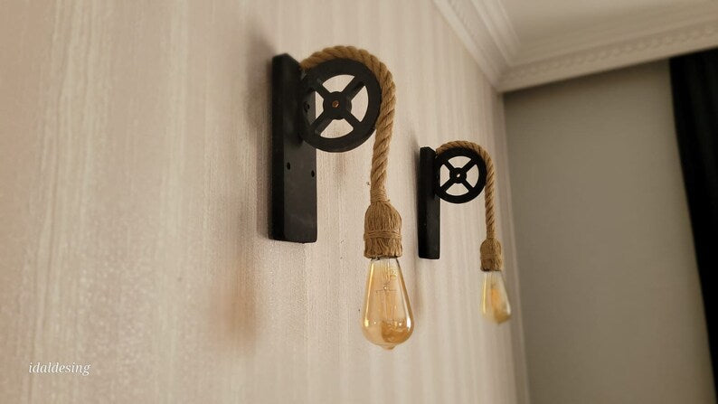 Home Art Paris - Rustic Pulley Wall Sconce, Wood and Rope Wall Lamp, Industrial Hallway & Daybedroom Lighting