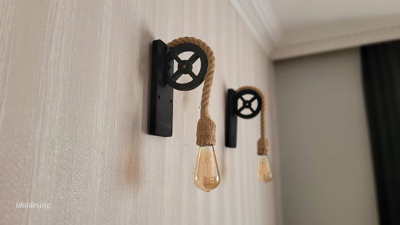 Home Art Paris - Rustic Pulley Wall Sconce, Wood and Rope Wall Lamp, Industrial Hallway & Daybedroom Lighting