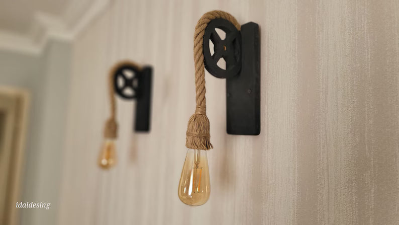 Home Art Paris - Rustic Pulley Wall Sconce, Wood and Rope Wall Lamp, Industrial Hallway & Daybedroom Lighting